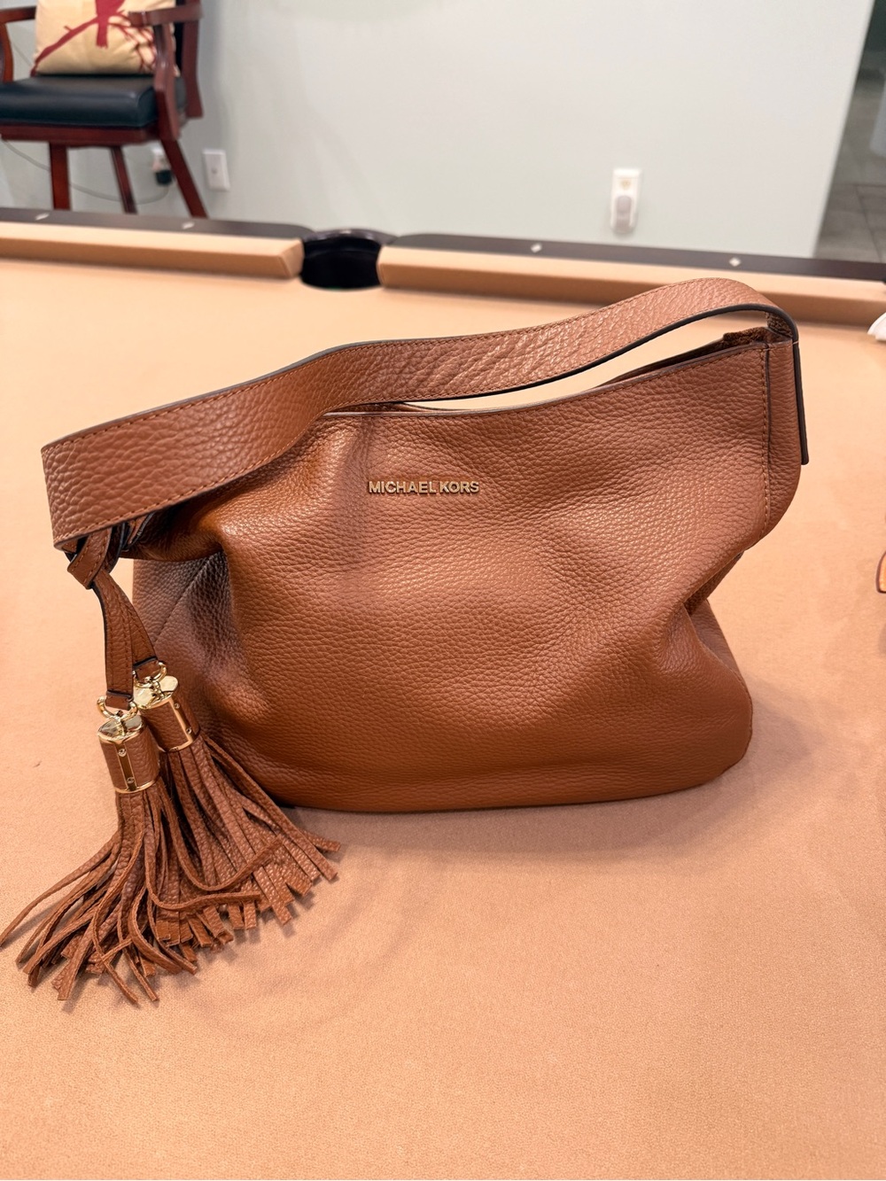 Michael Kors Brown Pebbled Leather Shoulder Hobo with Tassel